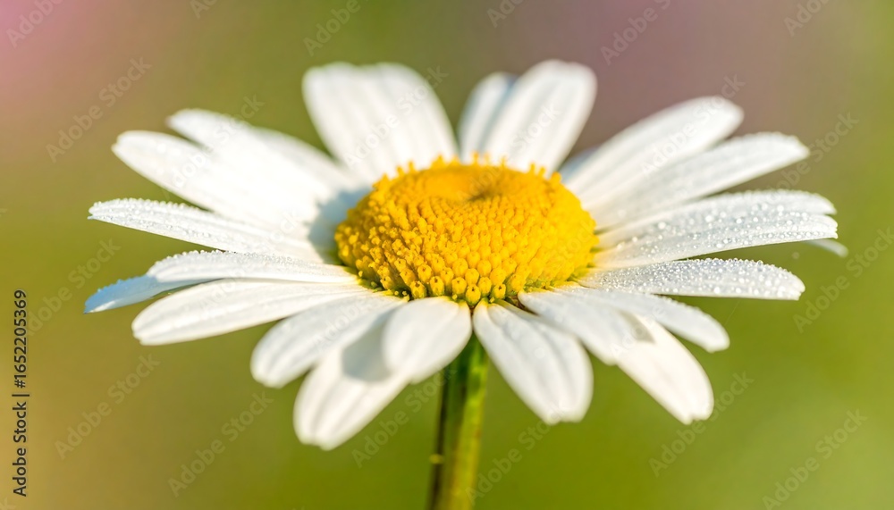 Obraz premium Close-up of a dew-kissed daisy, showcasing its white petals and yellow center against a blurred green background