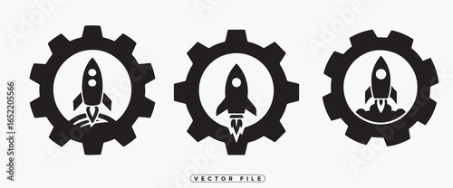 Black and white rocket ship icons with gear wheels on white background