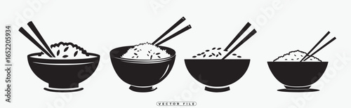 Black and white illustration of bowls of rice with chopsticks