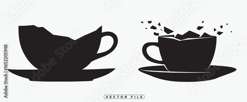 Black silhouettes of broken and whole tea cups on saucers side by side
