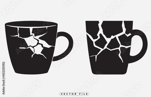 Black coffee mugs with cracked surface in white on plain background