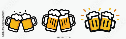 Three sets of beer glasses clinking together in celebration