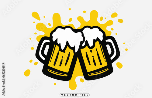 Two beer mugs with foam cheering together in a celebratory atmosphere with yellow splashes