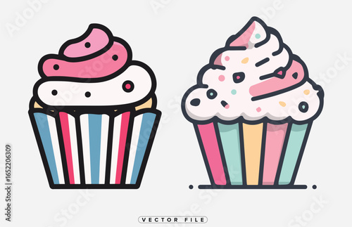 Colorful cartoon cupcakes with frosting and sprinkles on white background