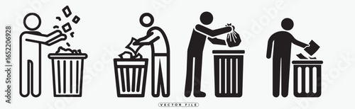 People throwing away trash in different bins in various poses and actions