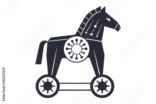 Dark Trojan Horse with Virus Symbol on Covering on White Background