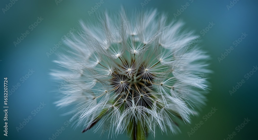 Fototapeta premium Macro View of a Dandelion Seed Head with Delicate White Parachutes Against a Soft Blue-Green Background