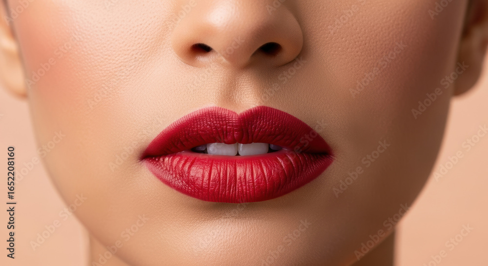 Fototapeta premium Close up sensual woman lips with perfect red matte lipstick biting lower lip smooth complexion flawless skin, feminine facial beauty, seductive sensual makeup trend minimal background