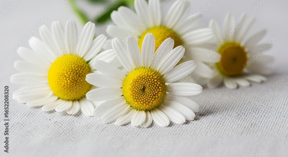 Obraz premium Close-up of Beautiful White and Yellow Daisy Flowers on Neutral Textured Surface