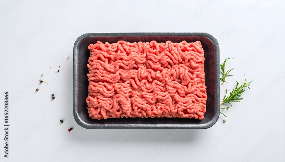 Fresh Ground Beef in Tray with Rosemary and Peppercorns on White Surface Fresh Ground Beef in Tray with Rosemary and Peppercorns on White Surface
