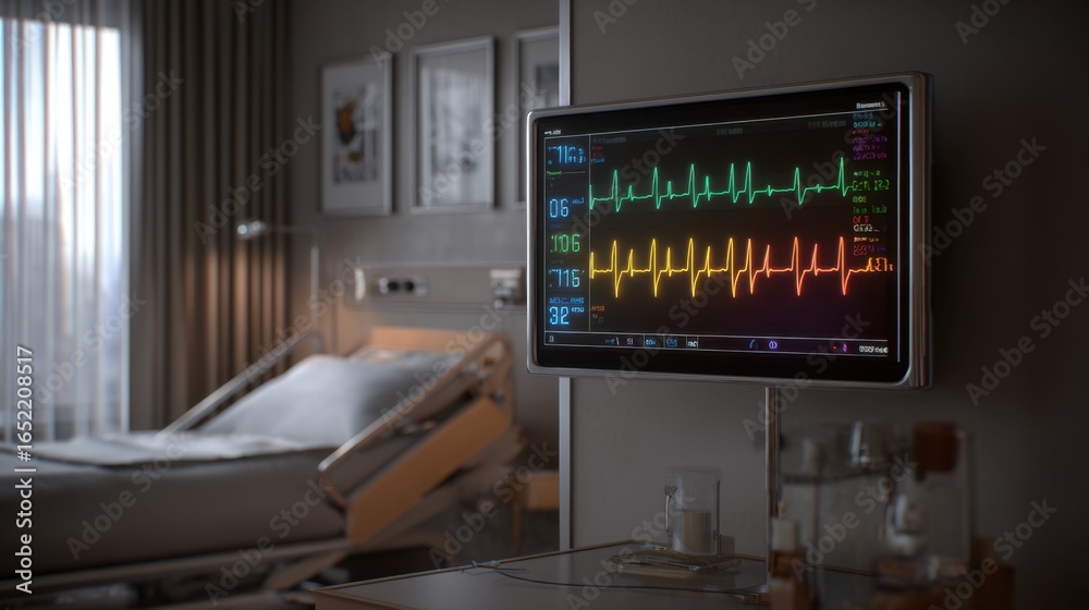Fototapeta premium Medical Monitor Displaying Heart Rate and Vital Signs in Modern Hospital Room Setting