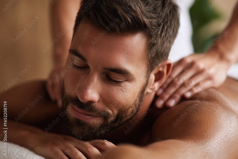 Obraz premium A man is getting a massage, with his head resting on a pillow