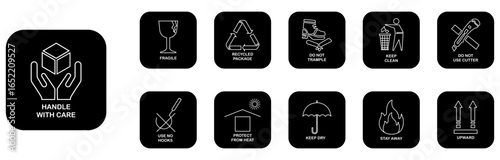 Set of fragile package icons in black color isolated on white background. Fragile packaging icons collection. Fragile package and handling icons. Handle with care, keep clean, keep dry, stay away