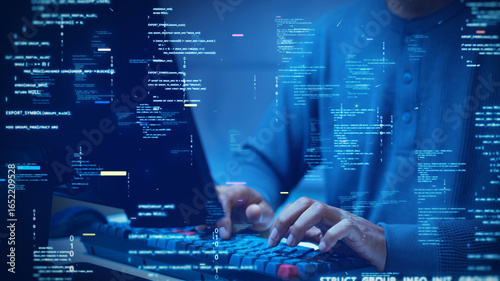 A developer types on a computer with glowing code and binary symbols overlay, symbolizing programming, software development, cybersecurity, and digital technology.