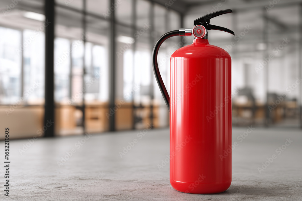 Obraz premium A red fire extinguisher sits on a grey floor