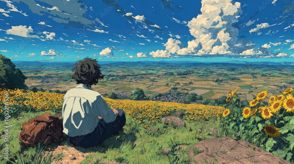 Fototapeta premium Person sits amidst sunflowers, panoramic view