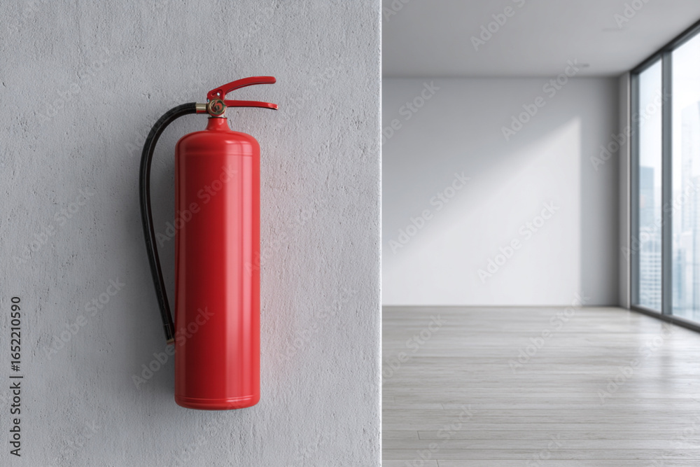 Fototapeta premium A red fire extinguisher is mounted on a wall