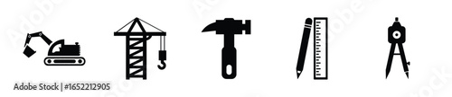 Engineering mono icon set. Set of tools, machinery and construction symbol - Vector 
