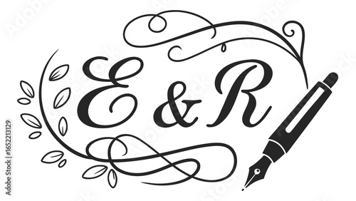 Elegant er monogram with flourishes leaves and fountain pen illustration in black and white ink drawing