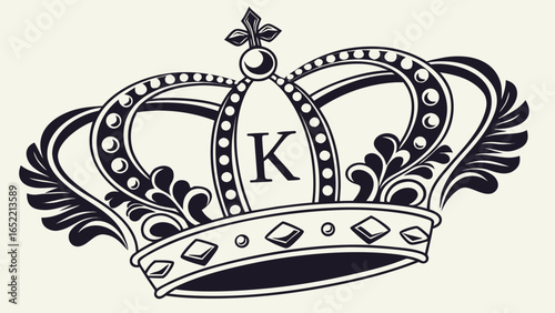 Detailed illustration of a crown with letter k and ornate designs in black and white color palette