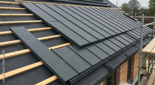 Modern Dark Grey Metal Roofing Panels Installed on New Building Construction Site