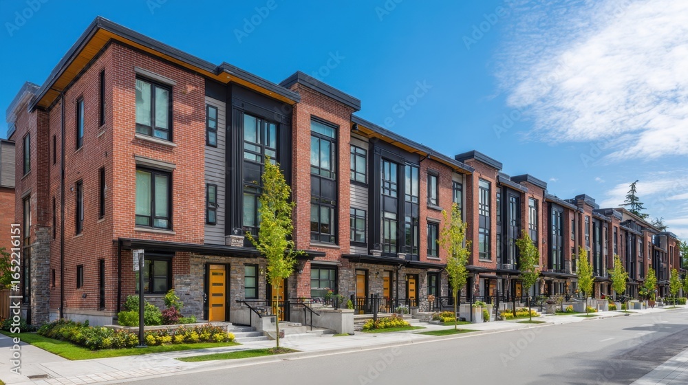 Fototapeta premium Modern Residential Townhouses in Urban Environment with Clear Blue Sky and Well-Maintained Landscaping