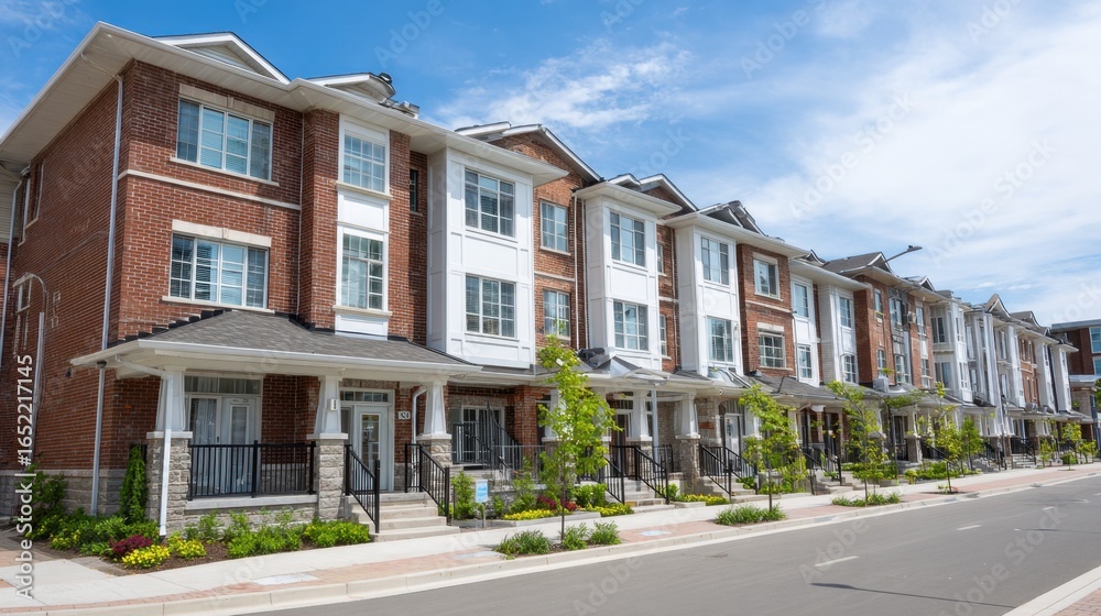 Fototapeta premium Modern Residential Townhouses in Suburban Neighborhood with Blue Sky and Green Landscape