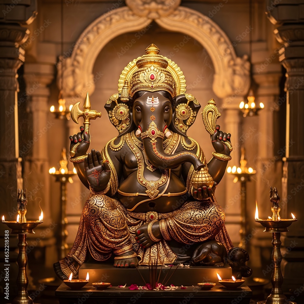 Fototapeta premium Golden Ganesha Idol in Temple with Divine Lighting for Ganesh Chaturthi Worship