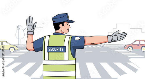 Security Officer Directing Traffic at Crosswalk Safety and Security Illustration