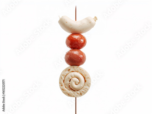 Sausage and tomato skewer with spiral pastry food