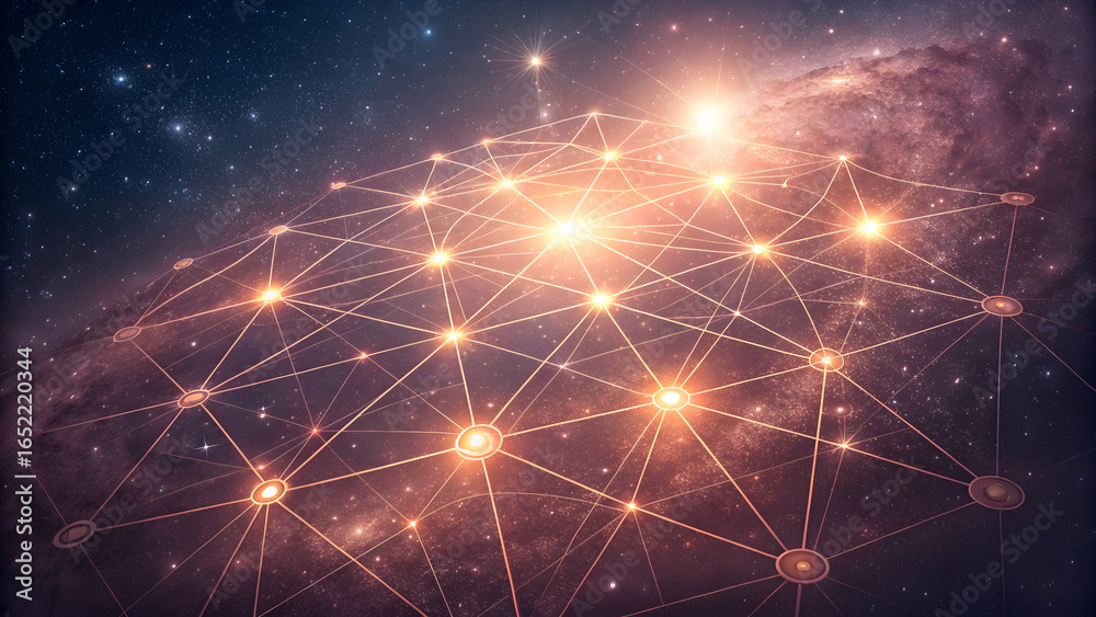 Fototapeta premium Glowing Geometric Starry Light Grid Network Abstract Background with Orange and Purple Cosmic Nebula