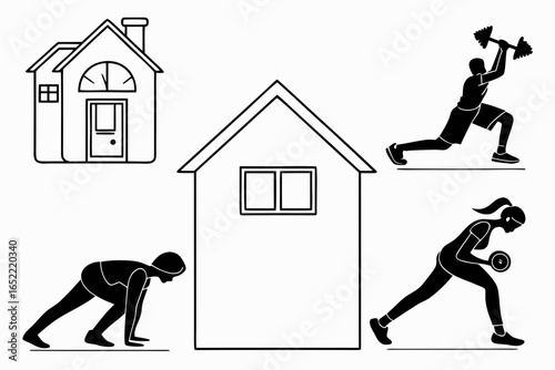 Home workout concept with people doing exercise isolated on white background