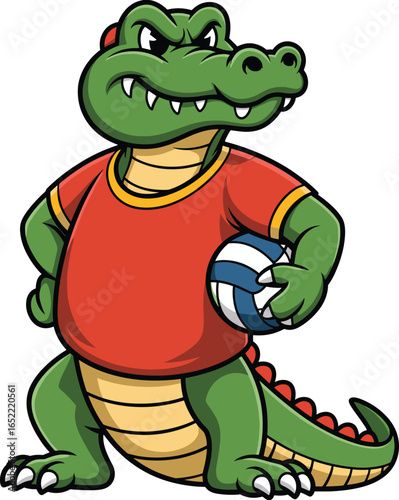 Cartoon alligator, red T-shirt, volleyball under arm, confident smirk, upright pose, sporty reptile, yellow trim, playful character, athletic theme