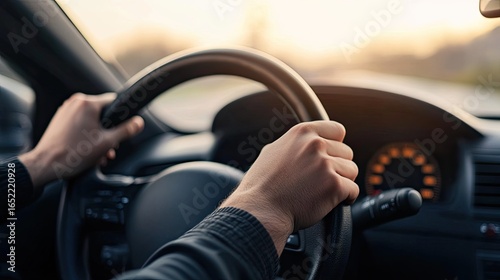 Close-up of a driver's hands firmly gripping a leather steering wheel, blurred road and dashboard in the background