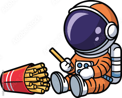 Cartoon astronaut gaming with French fries, humorous space snack scene, whimsical character illustration, everyday activity in space, vector art