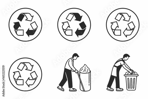 Recycle vector icons with people collecting garbage isolated on white background