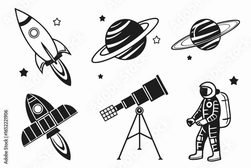 Space exploration elements with rocket, planet, telescope isolated on white background