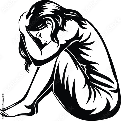 Despairing Woman Sitting Head In Hands in Striking Black and White