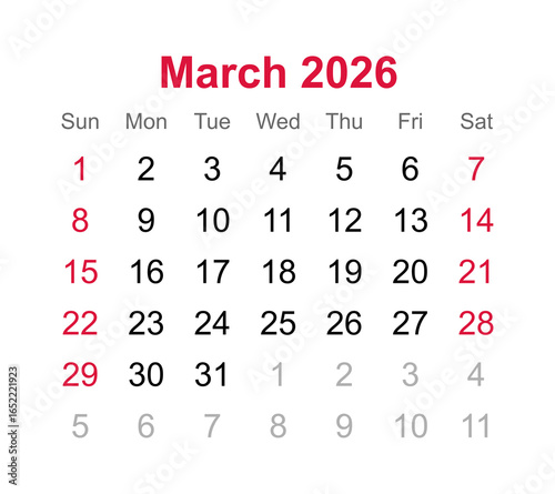 Monthly calendar of March 2026 on transparent background