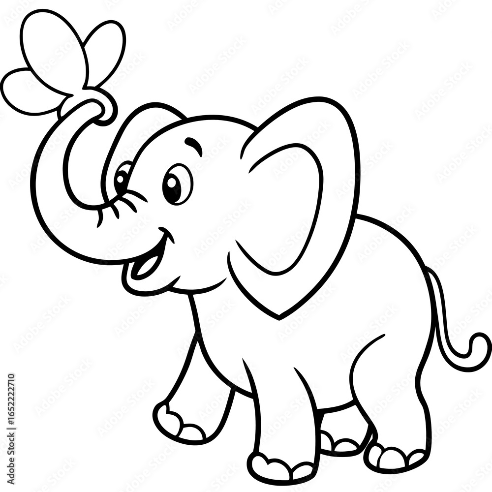 Naklejka premium A elephant playing with a butterfly, cute cartoon coloring style.