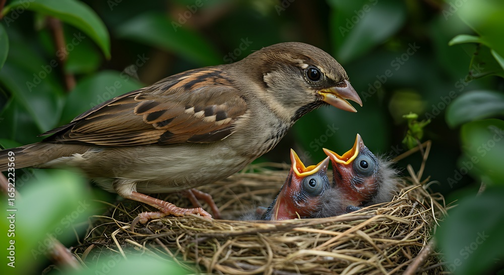 Fototapeta premium Parent Sparrow Feeding Hungry Chicks in a Nest Amidst Green Foliage