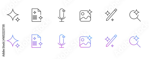Vector collection of ai magic tool icons with sparkle effects showing text file, microphone, image, pencil, and search symbols in outline and gradient line styles for content creation
