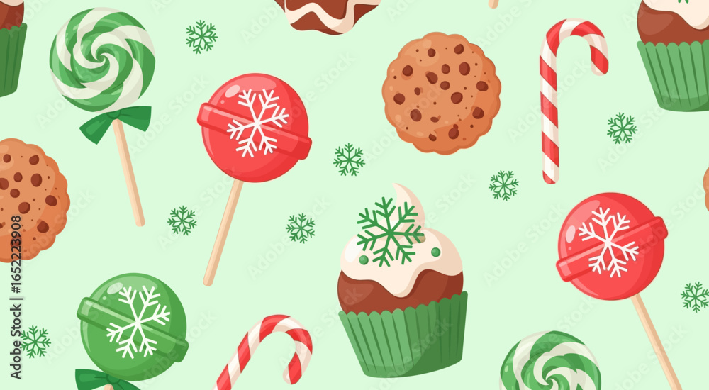 Fototapeta premium A cheerful Christmas seamless pattern featuring lollipops, cookies, cupcakes, and candy canes against a pastel green background, illustrated in a flat-lay style with a festive and joyful