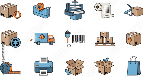 Flat lay of various delivery and packaging icons, including boxes, tape dispenser, barcode scanner, and delivery truck, illustrated in a clean, minimalist style with a blue and orange color
