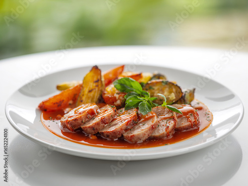 Sliced pork tenderloin with roasted vegetables and sauce sliced meat potatoes