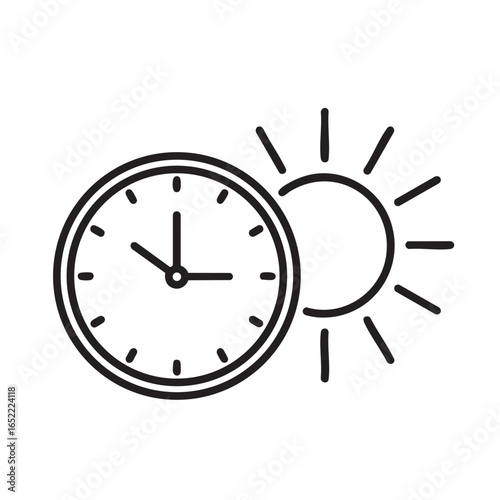 Clock and Sun Illustration in Black and White Representing Daytime or Daylight Saving Time Change Minimalist Design