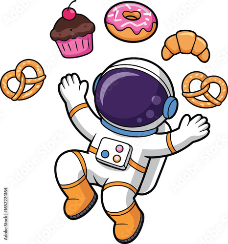 Cartoon astronaut in white-orange suit floating in space with cupcake, donut, croissant, pretzels — whimsical cosmic food adventure