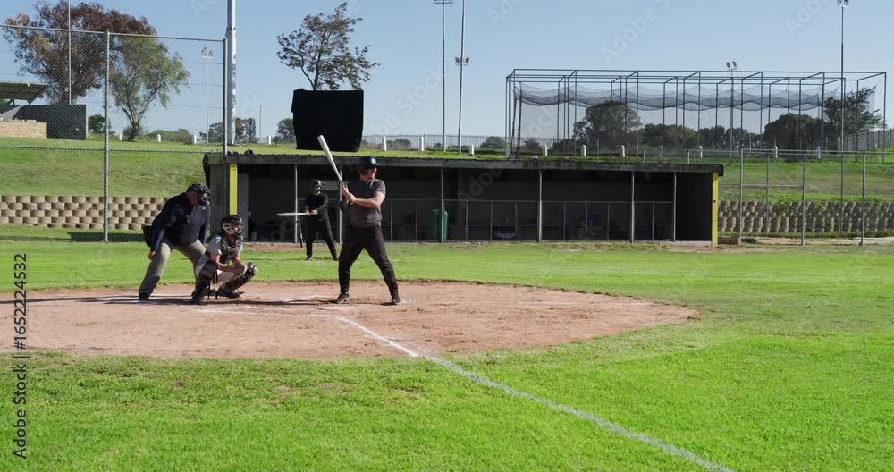 Pitcher delivering pitch, man swinging bat and racing to first base at ...