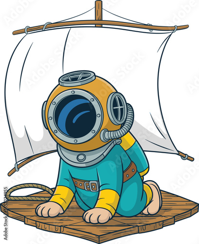 Cartoon baby in vintage diving suit crawling on wooden raft with sail, imaginative underwater adventure character for kids content