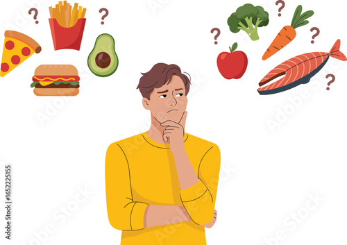 Cartoon character choosing between healthy and unhealthy food, pizza or broccoli, thoughtful pose, diet decision concept, balanced eating debate
